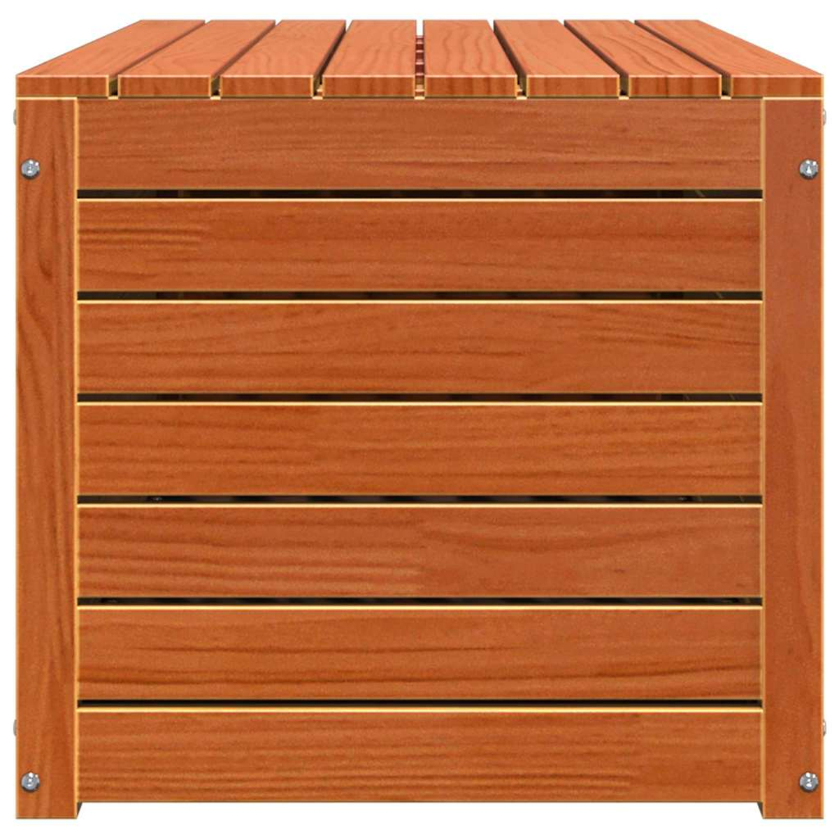 Eine Holzkiste mit Lattenrost und horizontalen Brettern an den Seiten. Es hat eine rotbraune Farbe, und die Ecken sind mit Schrauben befestigt.