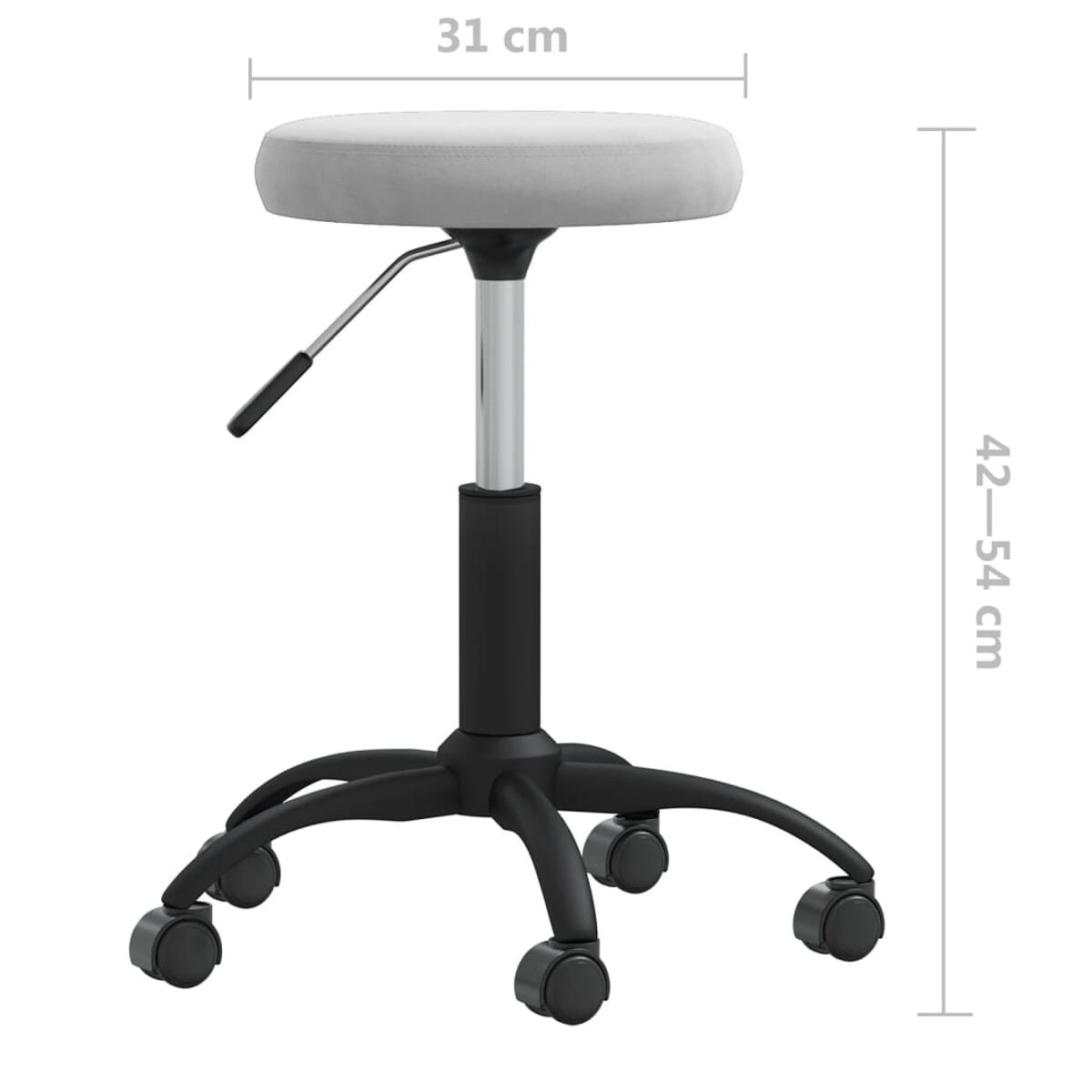 Un taburete ajustable en altura. Tiene un asiento gris, un tallo cromado y negro, y una base negra con ruedas. Se muestran las dimensiones.