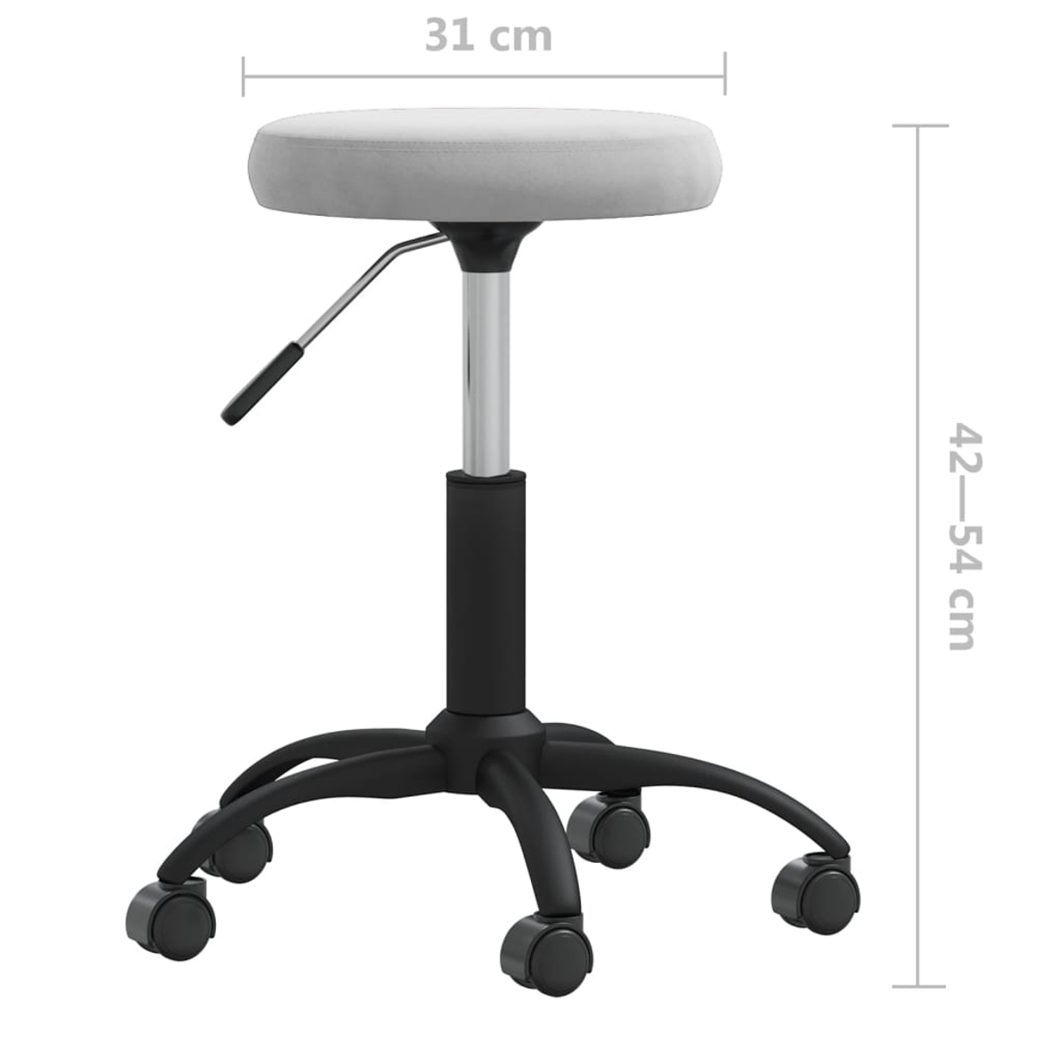 Un taburete regulable en altura con asiento gris claro, base negra con ruedas. Dimensiones: 31 cm ancho, 42-54 cm alto.