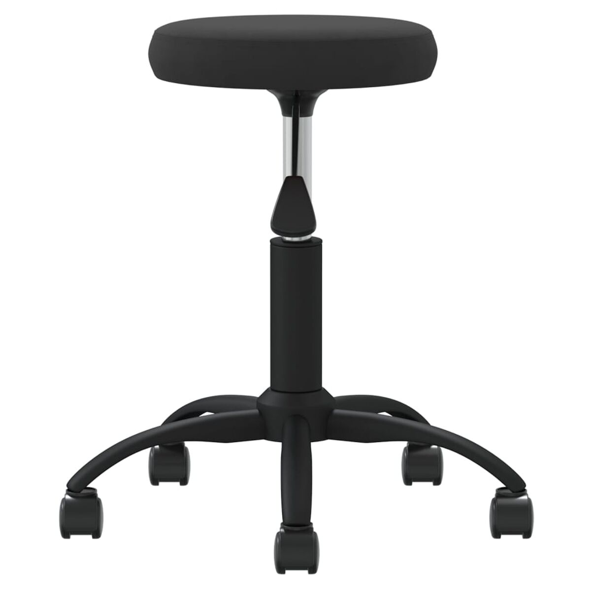 Un taburete de oficina negro con asiento redondo, altura ajustable y base de cinco puntos con ruedas, aislado sobre fondo blanco.