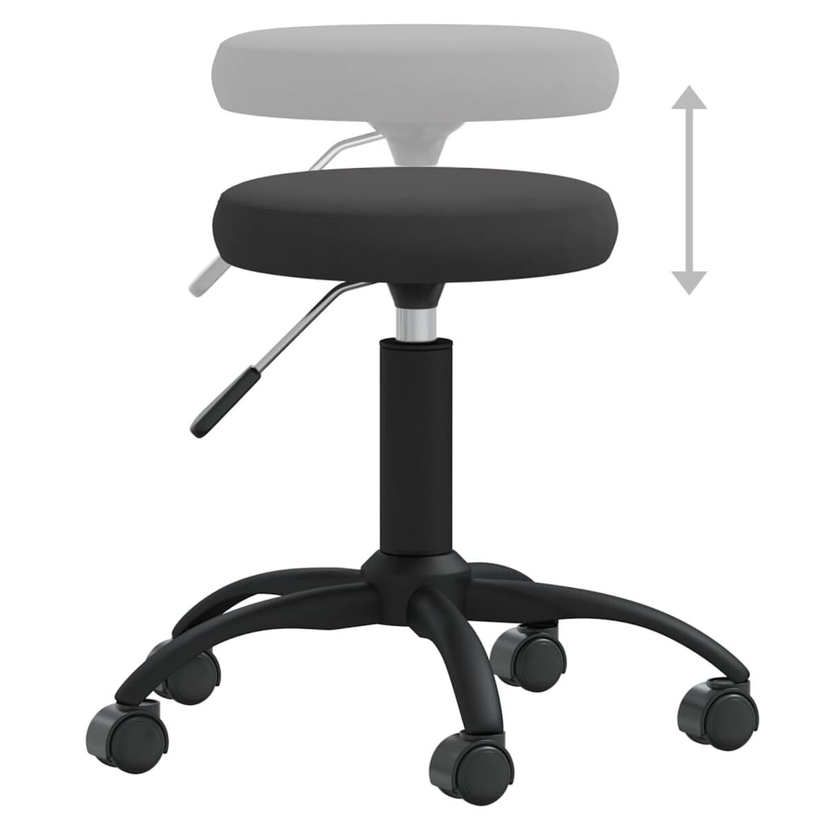 Taburete negro ajustable sobre ruedas. El asiento se puede subir o bajar. La imagen fantasma muestra la posición más alta.