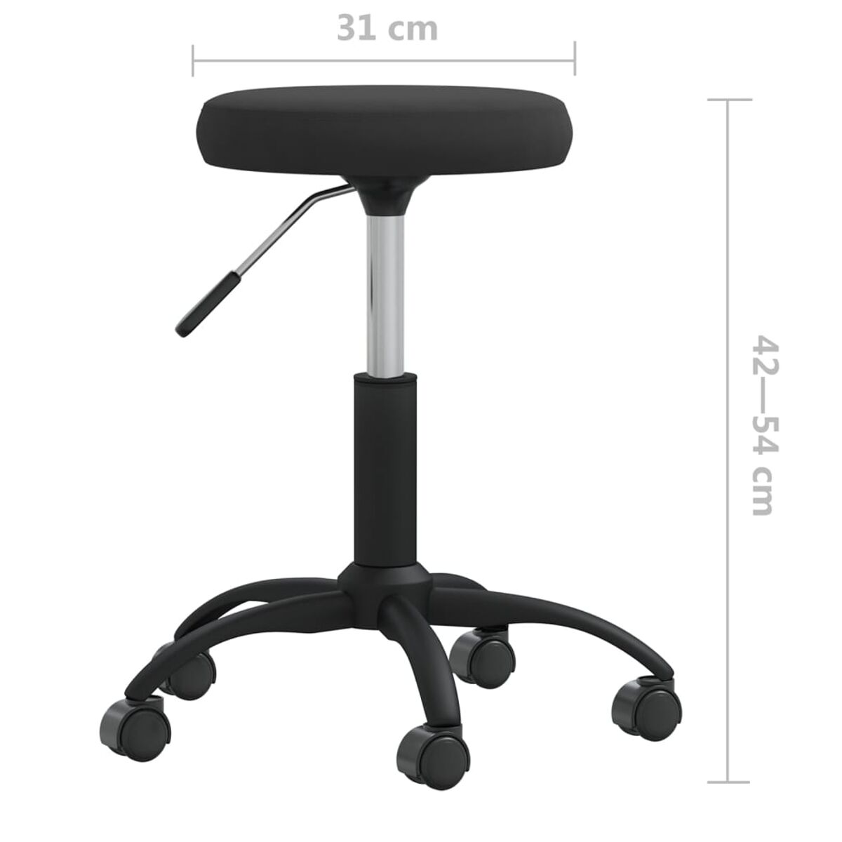 Taburete negro ajustable con asiento redondo, vástago cromado y base de cinco ruedas. Dimensiones: asiento 31cm, altura 42-54cm.