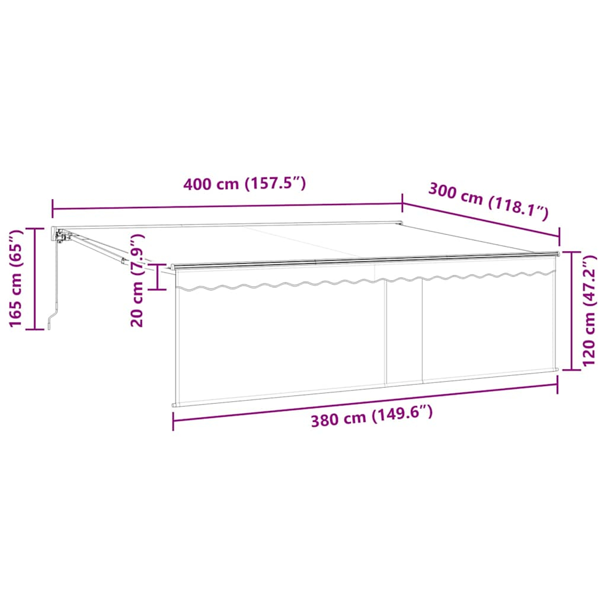 Un diagrama ilustrado muestra las dimensiones de un toldo. Las dimensiones incluyen longitudes y alturas en cm y pulgadas.