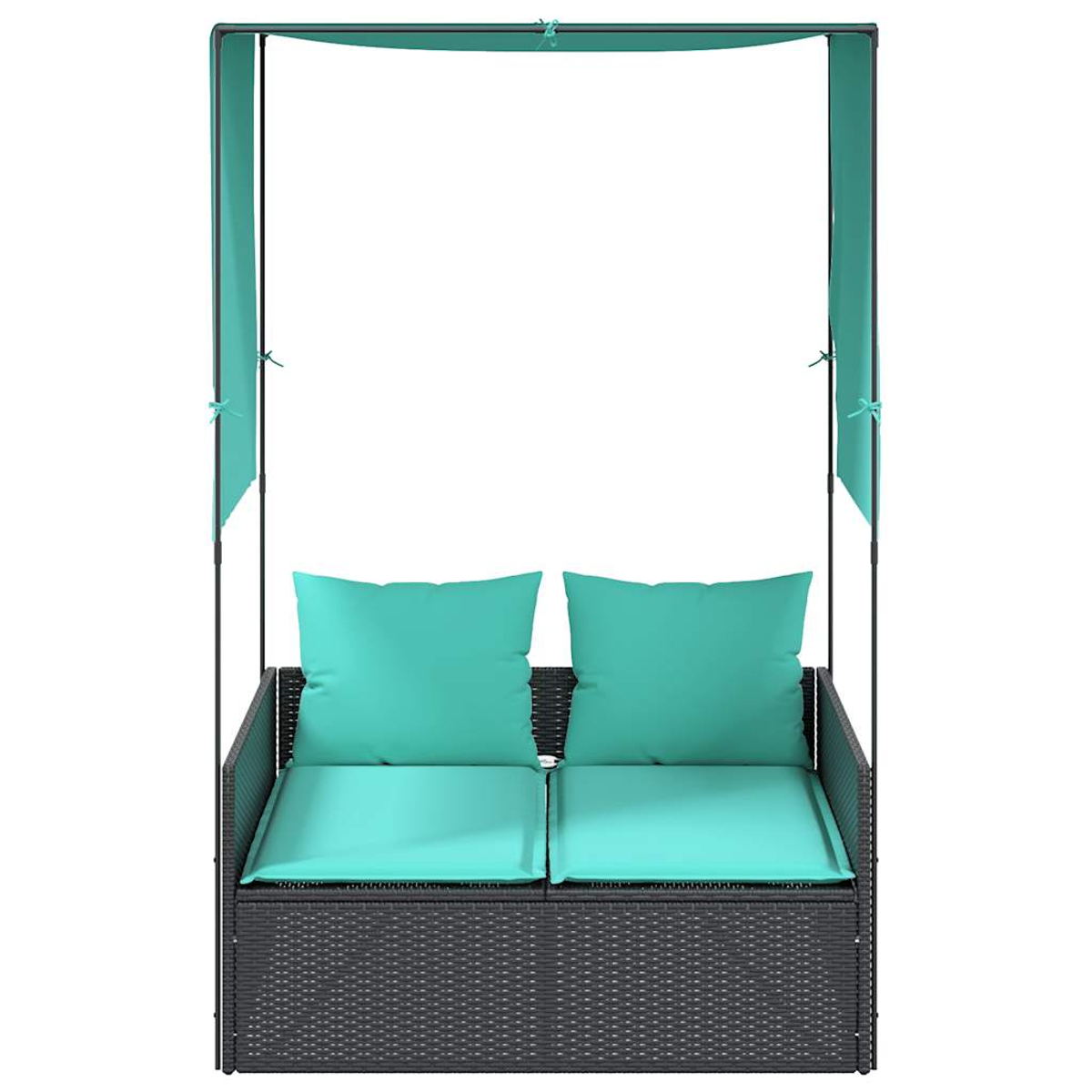 Ein türkisfarbenes Outdoor-Sofa mit Baldachin. Das Sofa ist aus dunkelgrauem Korbgeflecht und hat zwei Sitz- und zwei Rückenkissen.