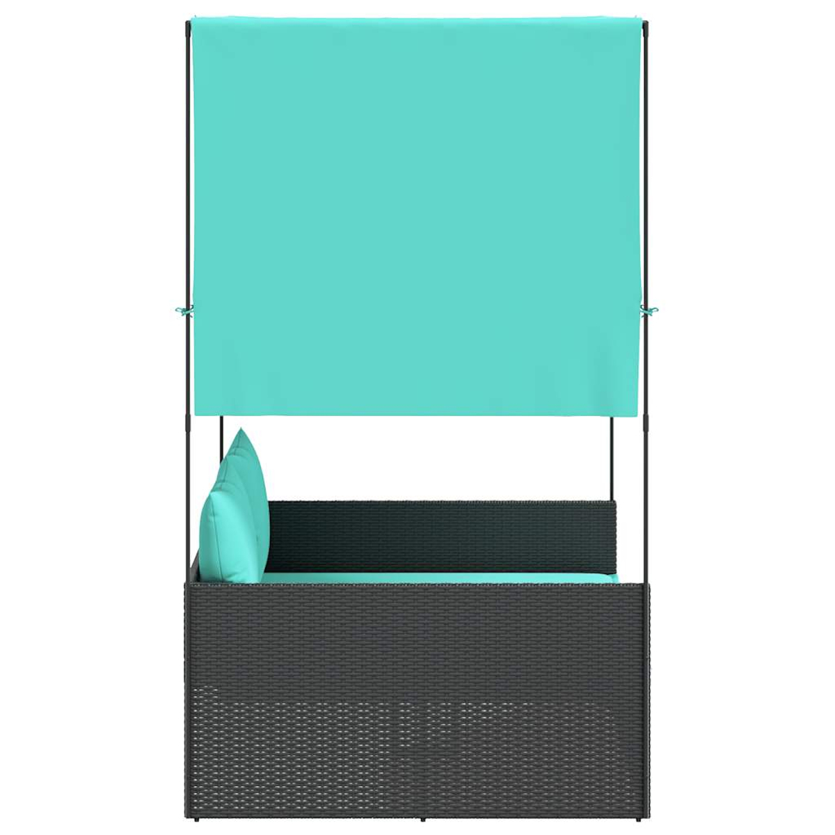 Ein dunkelgraues Outdoor-Sofa aus Korbgeflecht mit türkisfarbenem Baldachin und Kissen. Der Hintergrund ist schlicht weiß.