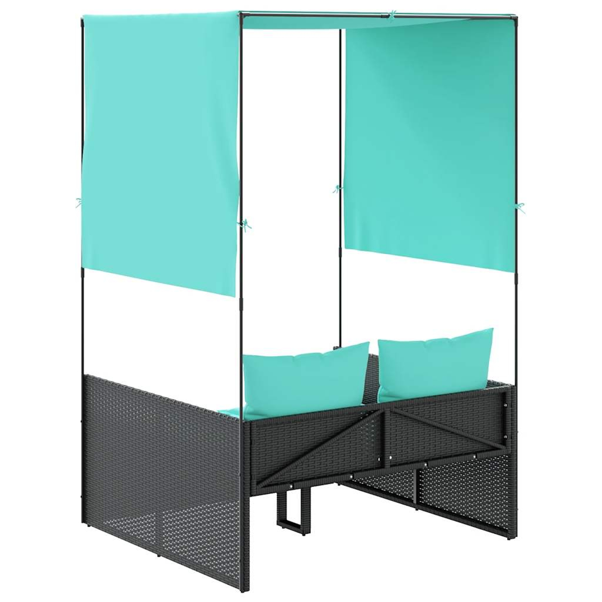 Ein schwarzes Outdoor-Sofa aus Korbgeflecht mit türkisfarbenen Kissen und Baldachin. Der Baldachin hat türkisfarbene Stoffe.