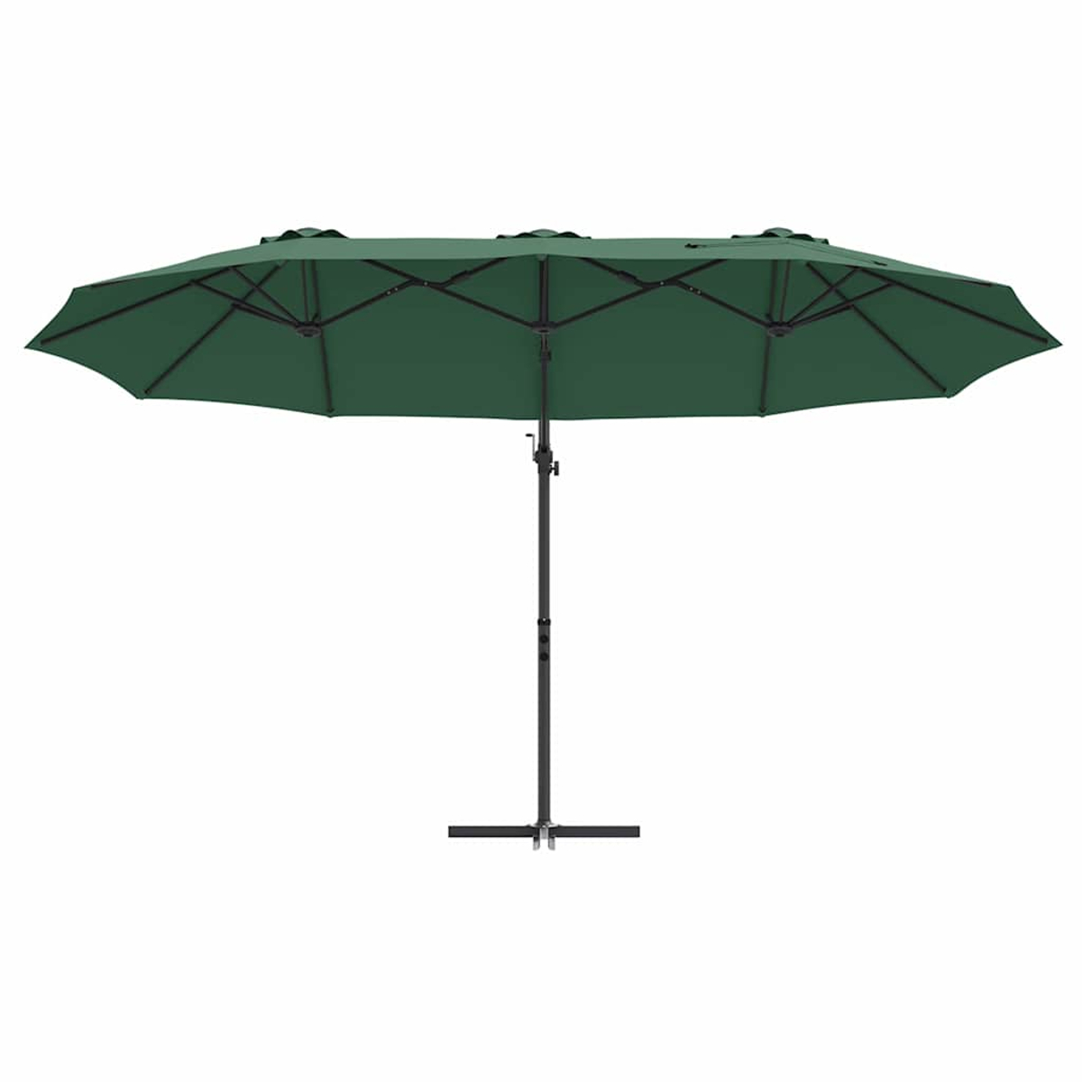 Un grande ombrellone da patio verde a doppia faccia su sfondo bianco. Il telaio è nero.