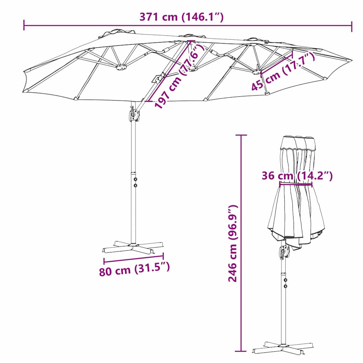 Un diagramma di un grande ombrellone da esterno con misure in centimetri e pollici. Include un ombrello più piccolo, piegato.