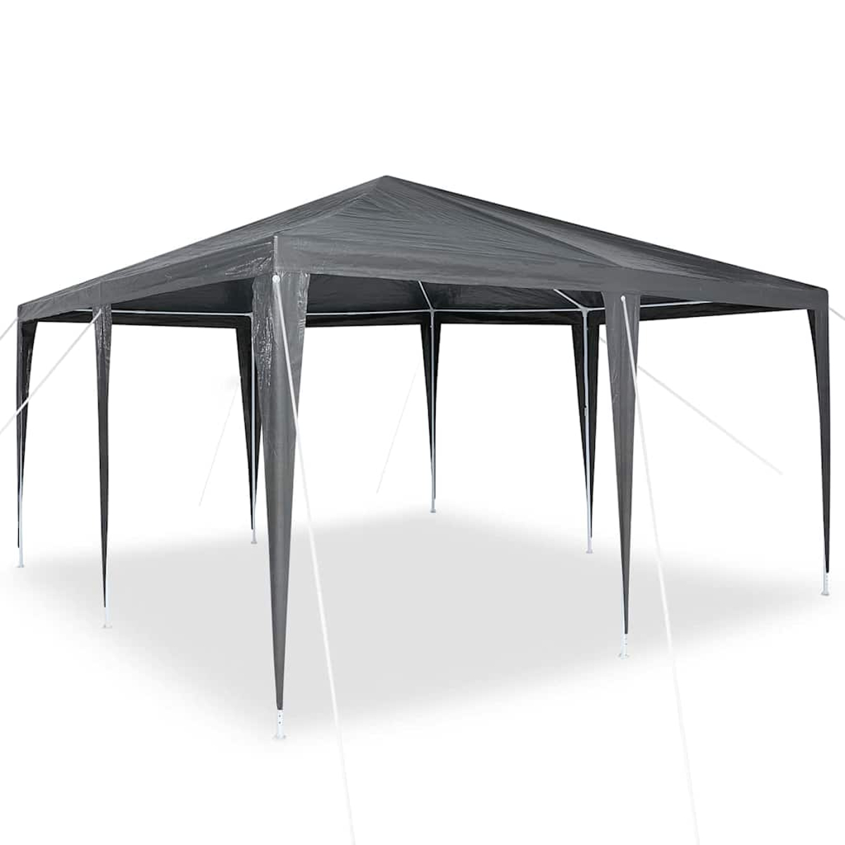 Una tenda grigia con tetto a punta e corde di supporto bianche. La tenda è su fondo bianco, con lo sfondo bianco.