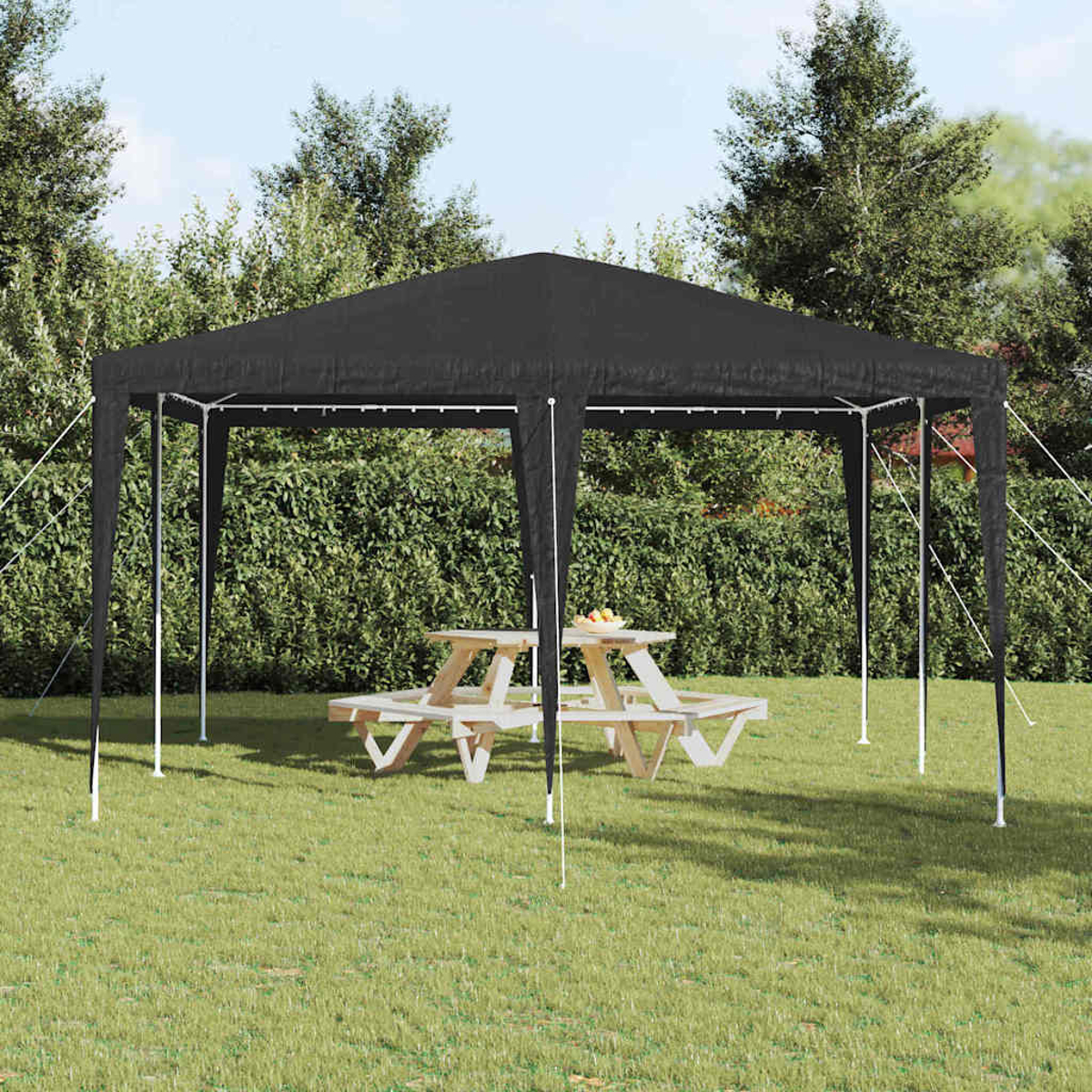 Un tendone nero sopra due tavoli da picnic in legno su un prato verde. Alberi e cespugli sullo sfondo.