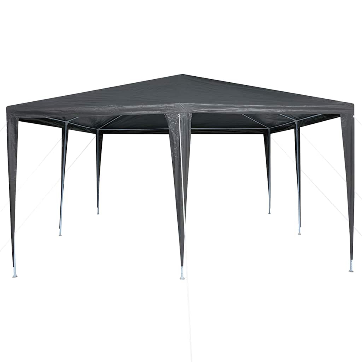 Viene mostrata una tenda con tetto a punta grigio scuro. La tenda ha diversi pali di supporto ed è su sfondo bianco.