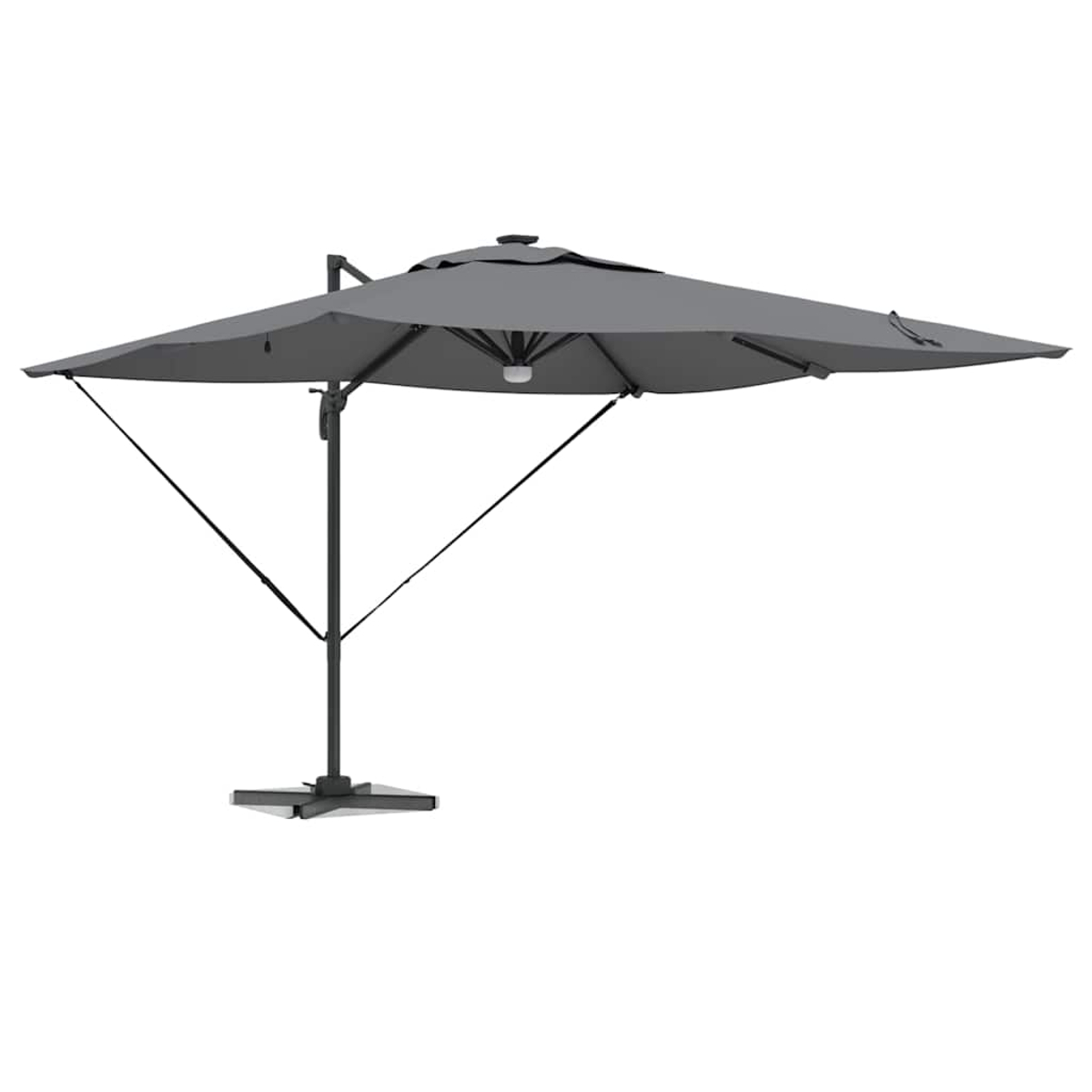 Un ombrellone a sbalzo grigio su sfondo bianco. Ha una tenda quadrata, un palo centrale, bracci di supporto e una base.