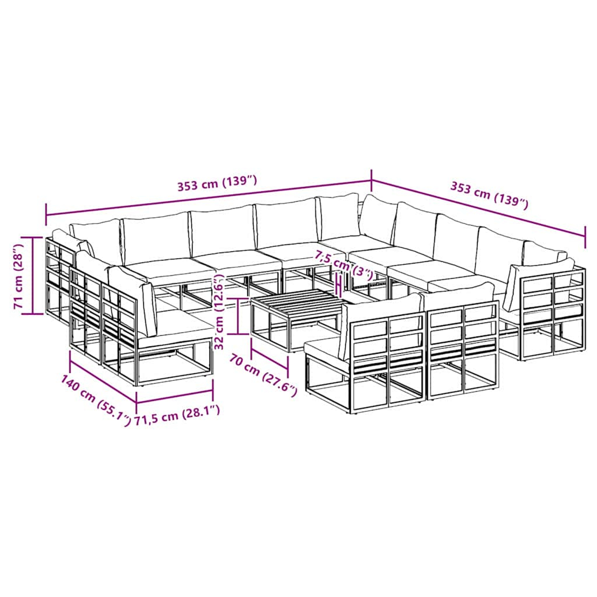 Diagrama de un juego de sofás modulares para exteriores con dimensiones. Incluye una mesa de café y varias secciones de asientos.