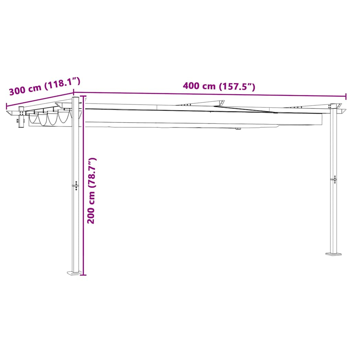 Eine schematische Zeichnung einer Pergola mit Abmessungen in cm und Zoll. Sie hat vier Pfosten, ein Dach und ein ausziehbares Verdeck.