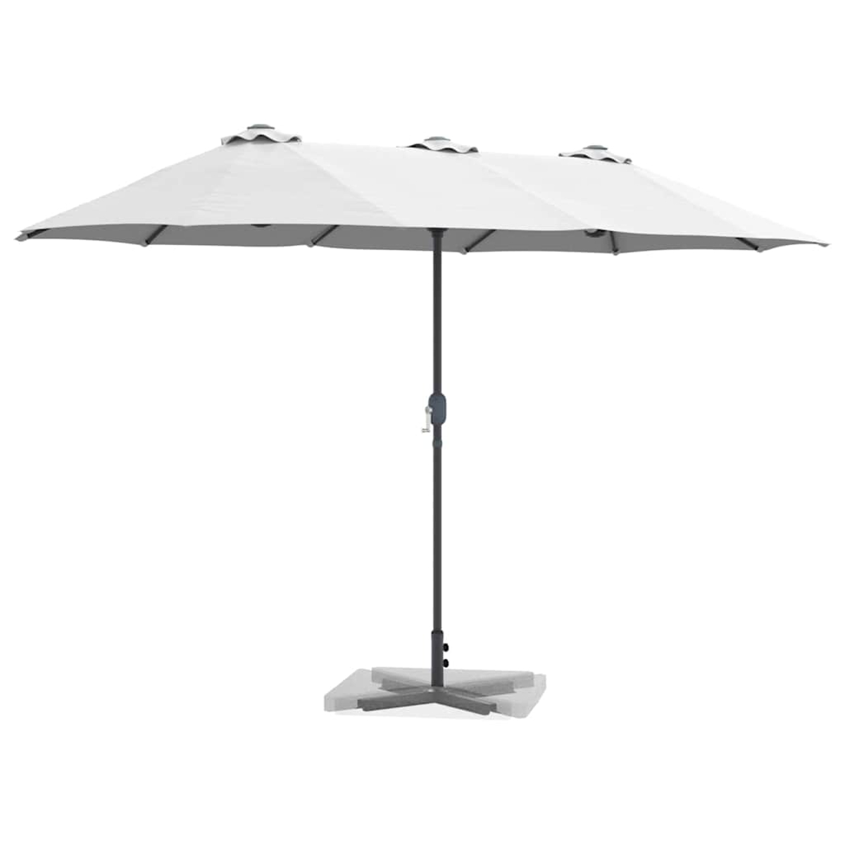 Un ombrellone da esterno rettangolare bianco con palo e base grigio scuro, su sfondo bianco.
