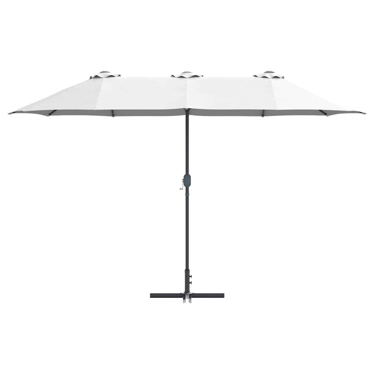 Un grande ombrellone da patio bianco rettangolare, con palo e base grigio scuro, su sfondo bianco.