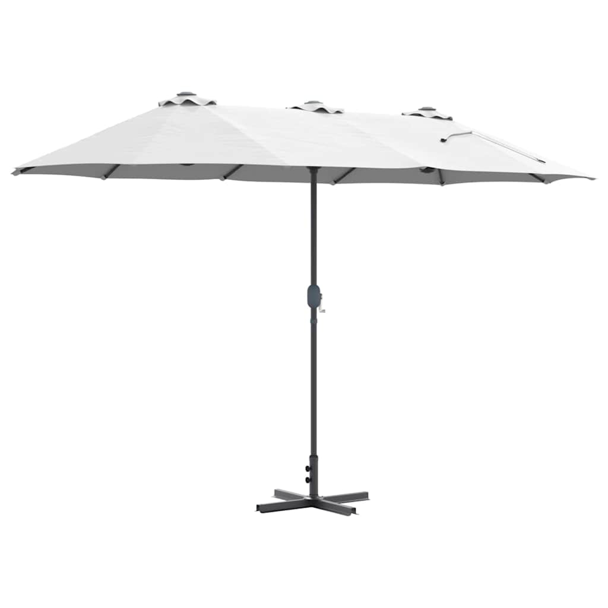 Un ombrellone rettangolare bianco con palo e base grigio scuro, su sfondo bianco.