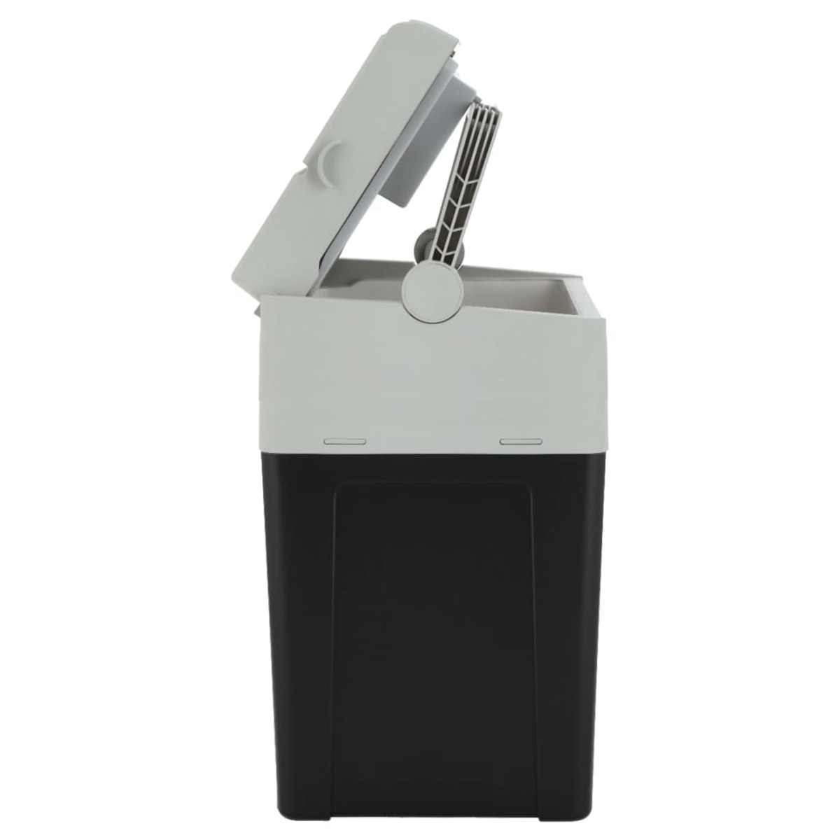 Vista laterale di un refrigeratore. Ha una base nera e una parte superiore grigia con coperchio aperto. Il coperchio ha una maniglia e uno sfiato.