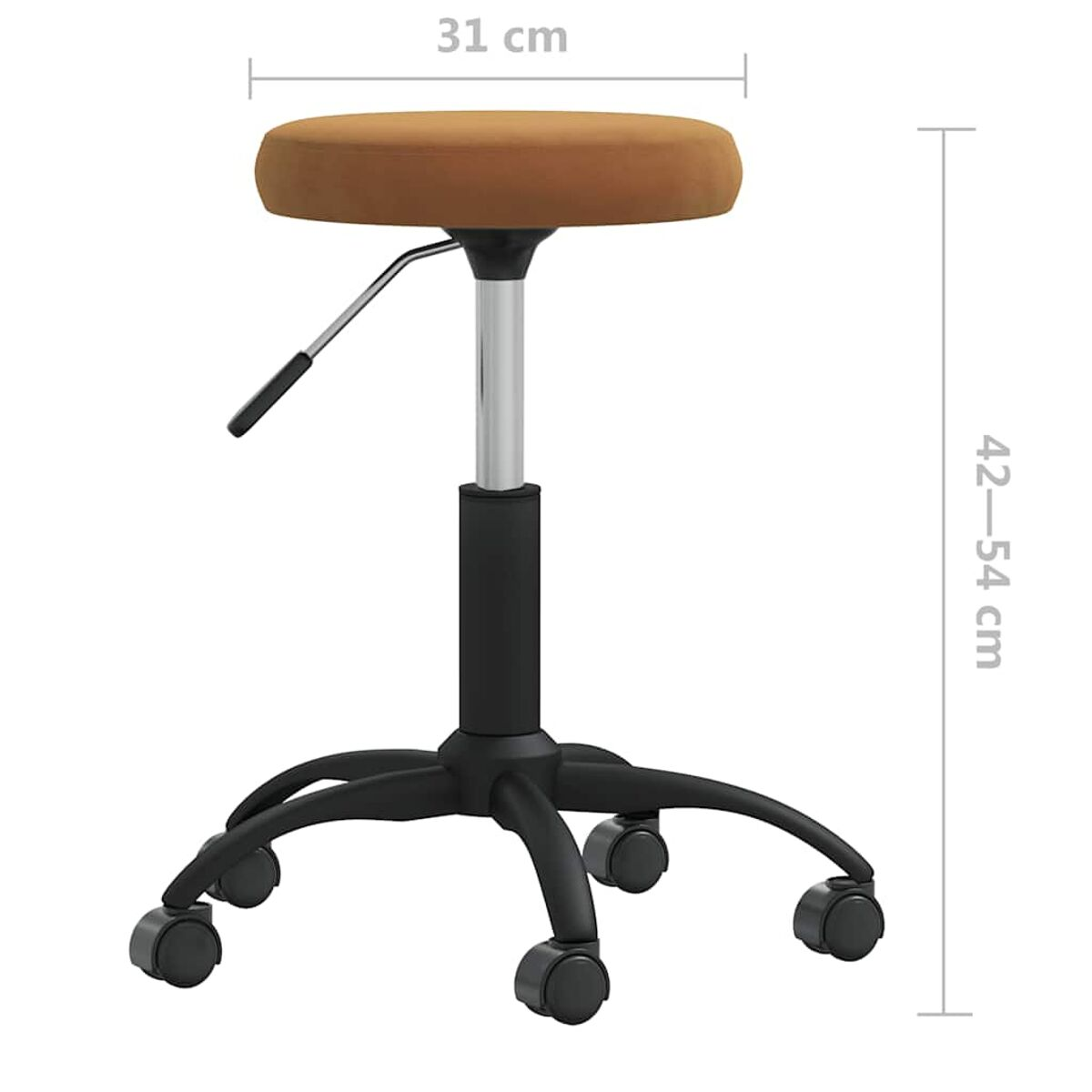 Ein brauner Hocker mit schwarzem Fuß und Rollen. Er hat eine silberne Stange und einen Griff zur Höhenverstellung. Maße sind angegeben.