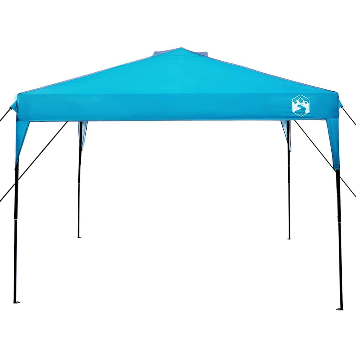 Una tenda gazebo turchese con logo bianco sul lato. I pali neri sostengono la tenda su sfondo bianco.