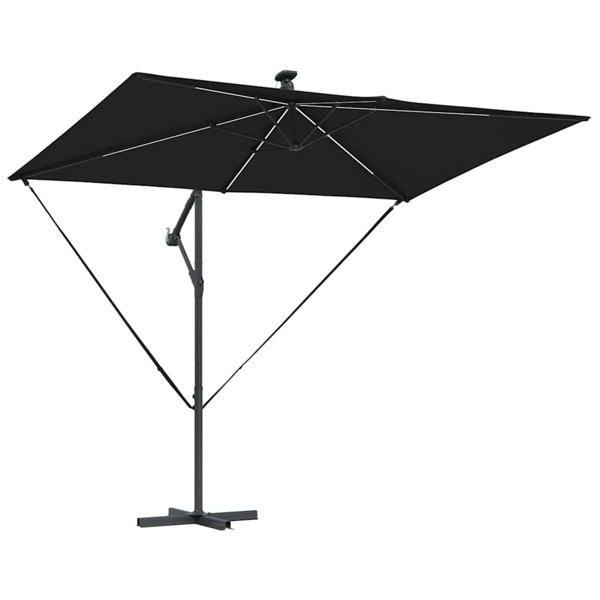 Un ombrellone da patio nero quadrato. Ha un palo centrale e una base. La tettoia è aperta e sostenuta da sottili bracci neri.