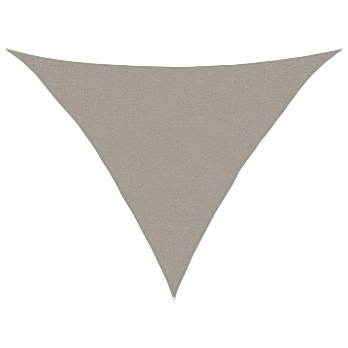 Una vela ombreggiante triangolare beige su sfondo bianco. Ha anelli di metallo agli angoli.