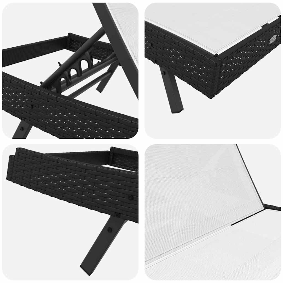 Nahaufnahmen eines schwarzen Outdoor-Liegestuhls aus Korbgeflecht. Details von Gestell, Beinen und weißer Netzbespannung sind sichtbar.