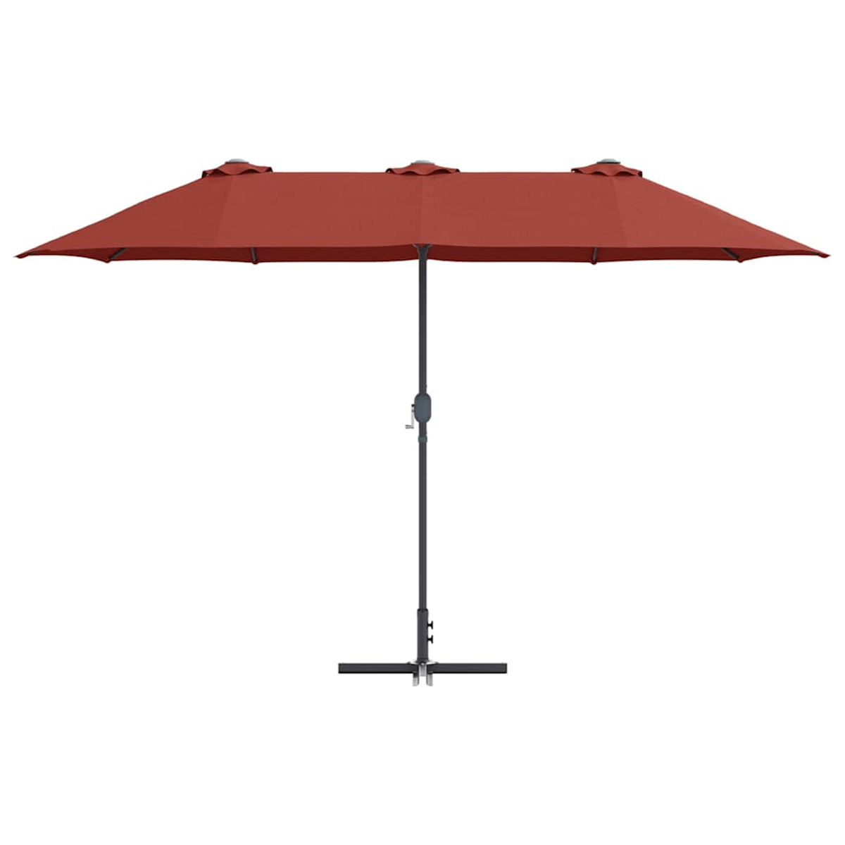 Un grande ombrellone da patio rosso rettangolare è centrato. È sostenuto da un palo e una base neri, su sfondo bianco.