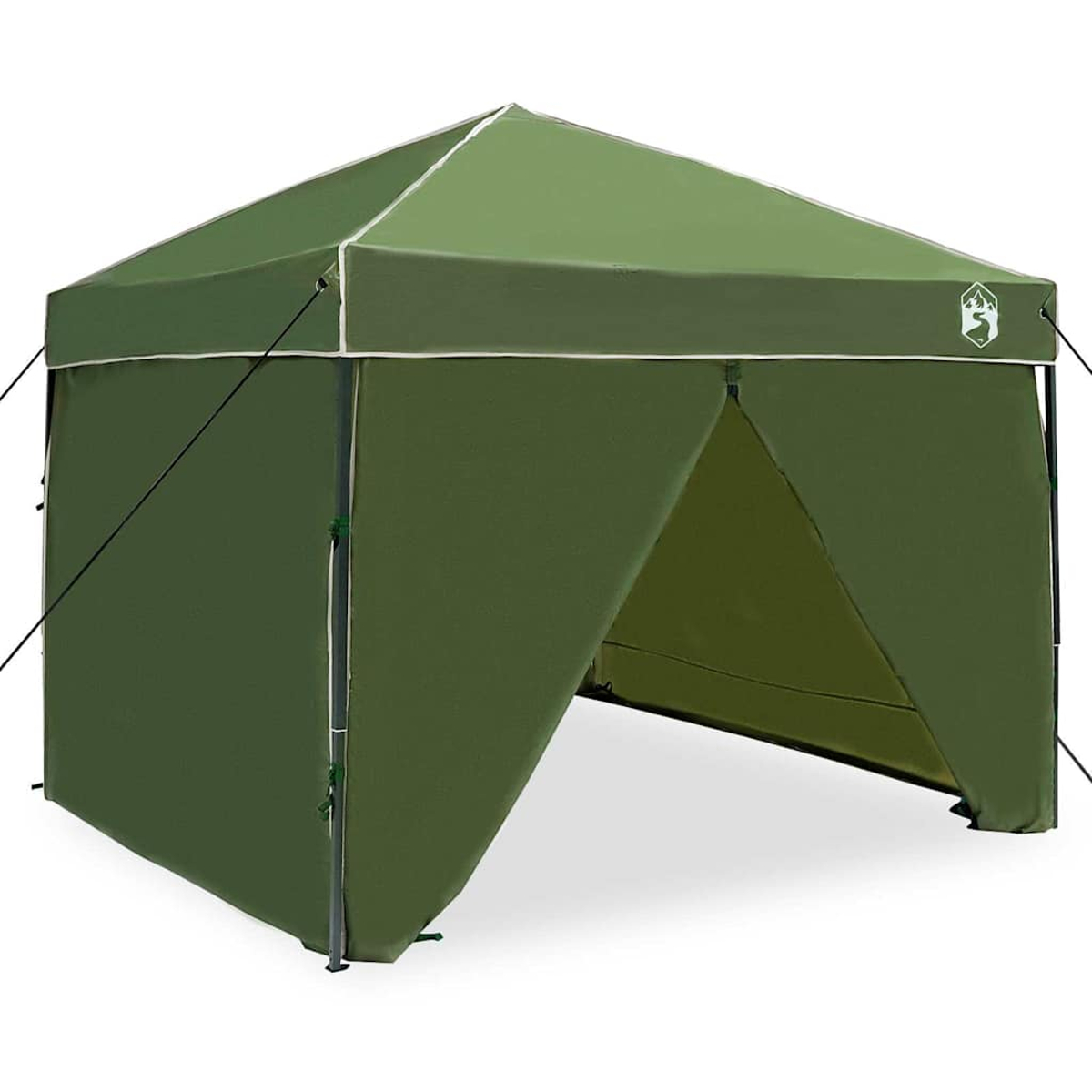 Tenda pop-up verde con bordino bianco, fronte aperto e logo in alto. Su sfondo bianco.