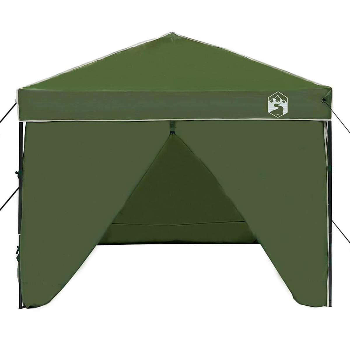 Una tenda da sole verde con bordi bianchi. La tenda ha un logo in alto ed è aperta davanti.
