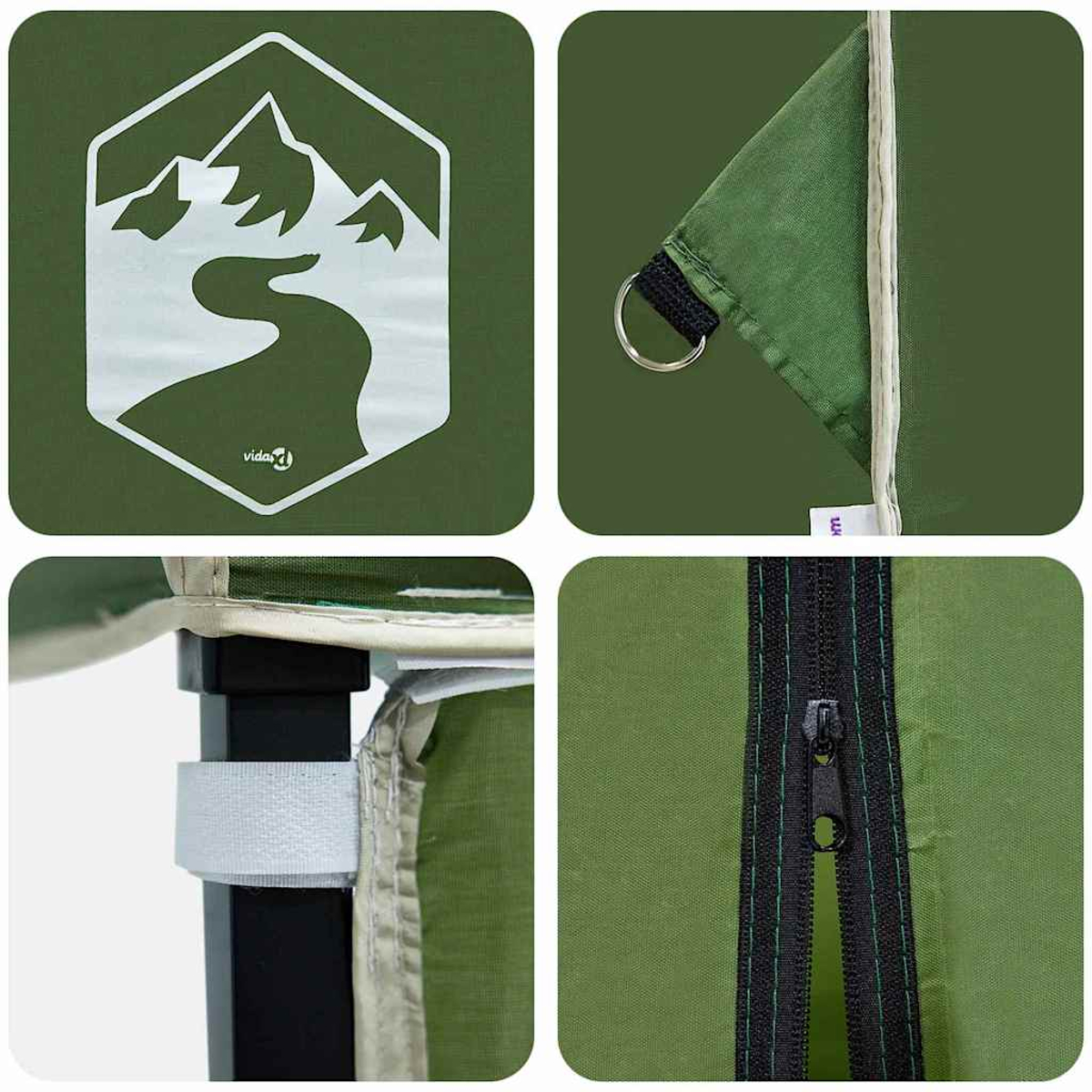L'immagine mostra i dettagli di una tenda verde. Include un logo, un anello, una cerniera e una cinghia. La tenda ha un logo bianco di montagne e un fiume.