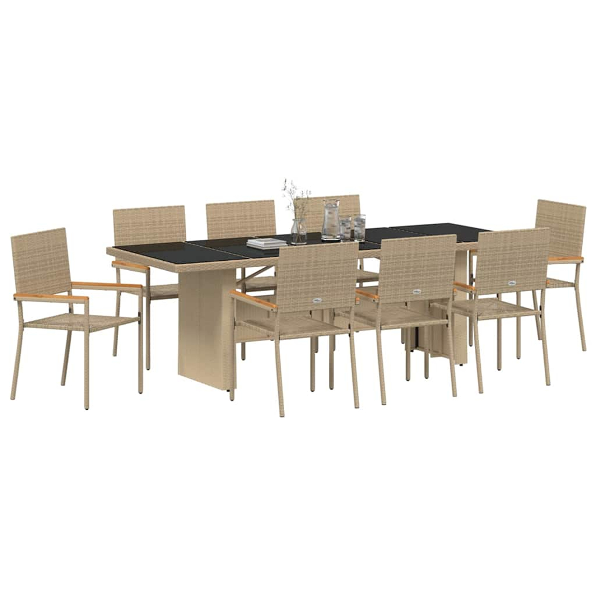 Un juego de comedor con una mesa rectangular negra y ocho sillas beige tejidas. La mesa tiene una base beige. Algo de decoración sobre la mesa.