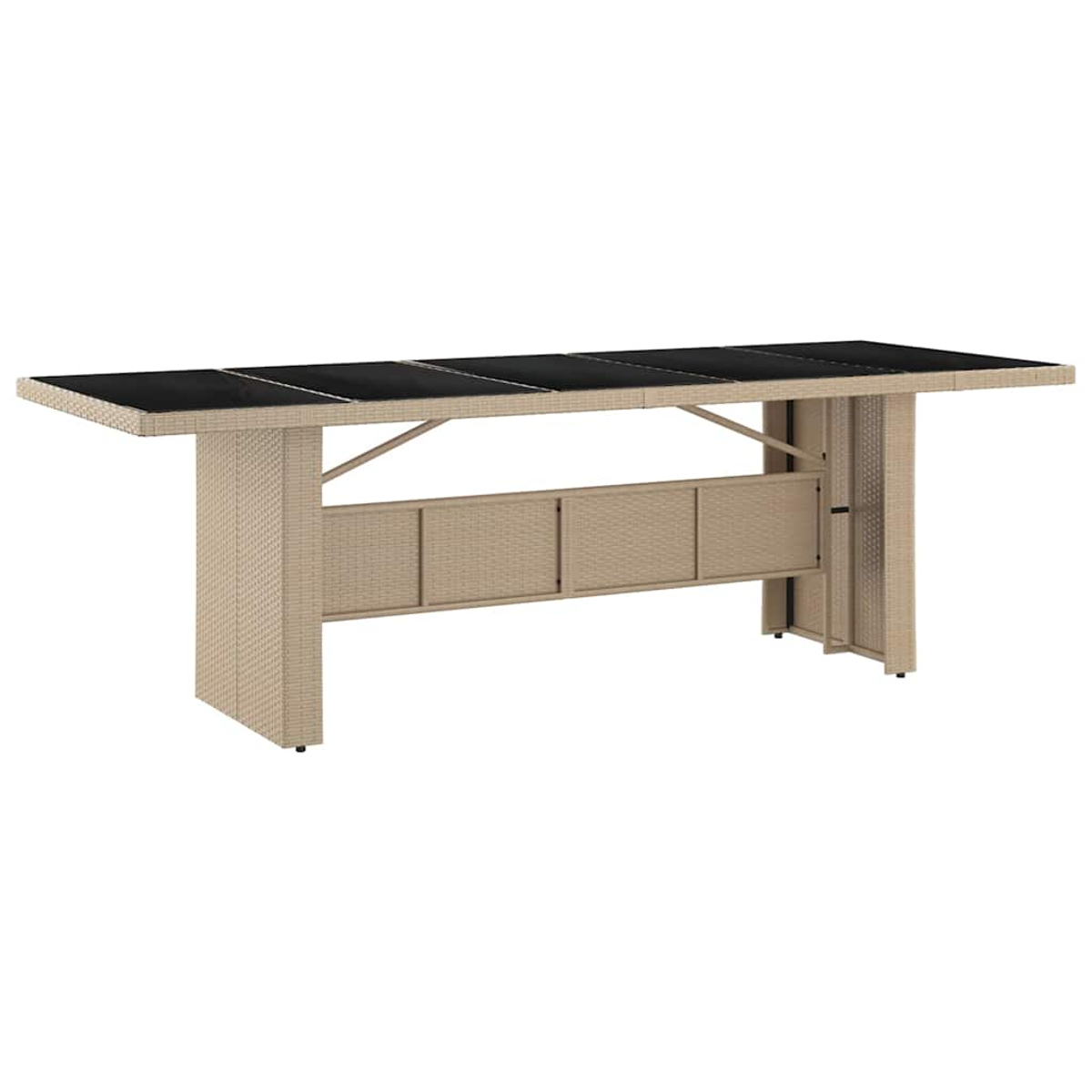 Una mesa de bar exterior de ratán beige con una tapa negra. Tiene forma rectangular con un espacio de almacenamiento debajo.