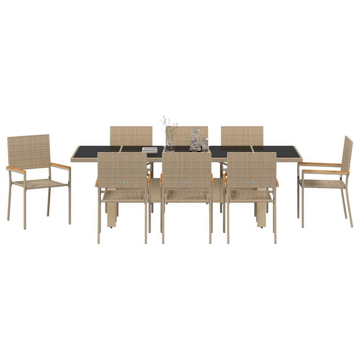 Un juego de comedor al aire libre con una mesa larga y ocho sillas. La mesa es negra en el centro y beige alrededor.