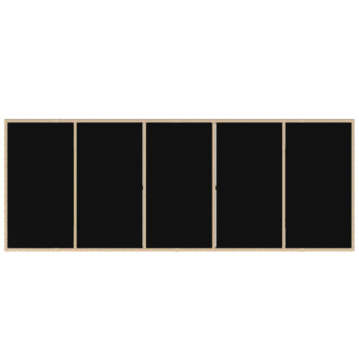 Un panel rectangular de cinco secciones con centros negros y marcos marrones claros. El marco exterior tiene una textura similar a la cuerda.