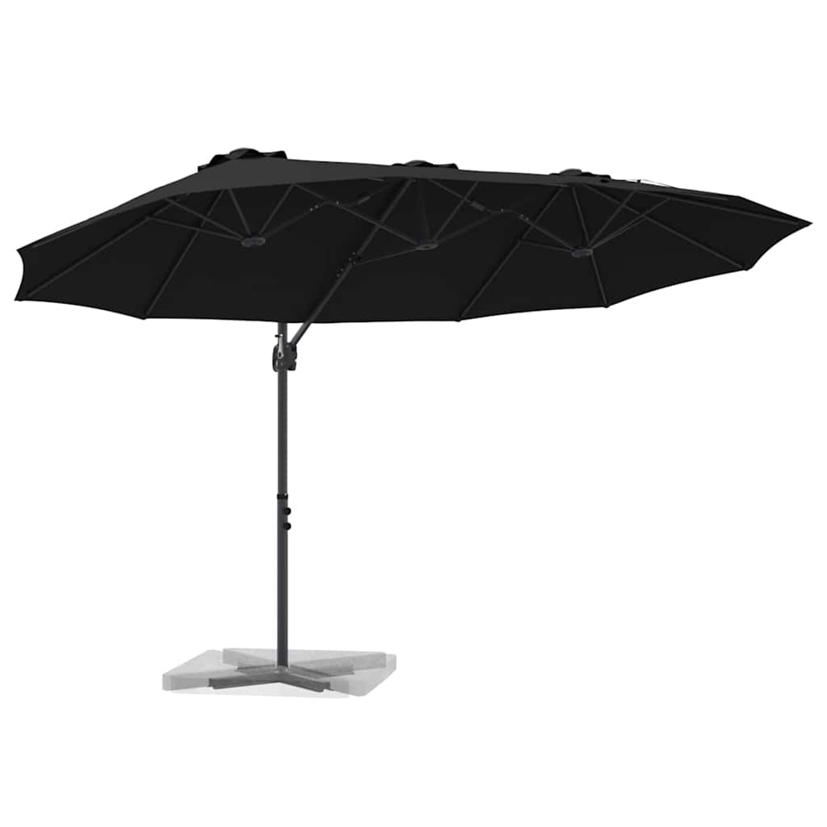 Un grande ombrellone da patio nero e rettangolare con palo centrale e base su sfondo bianco.