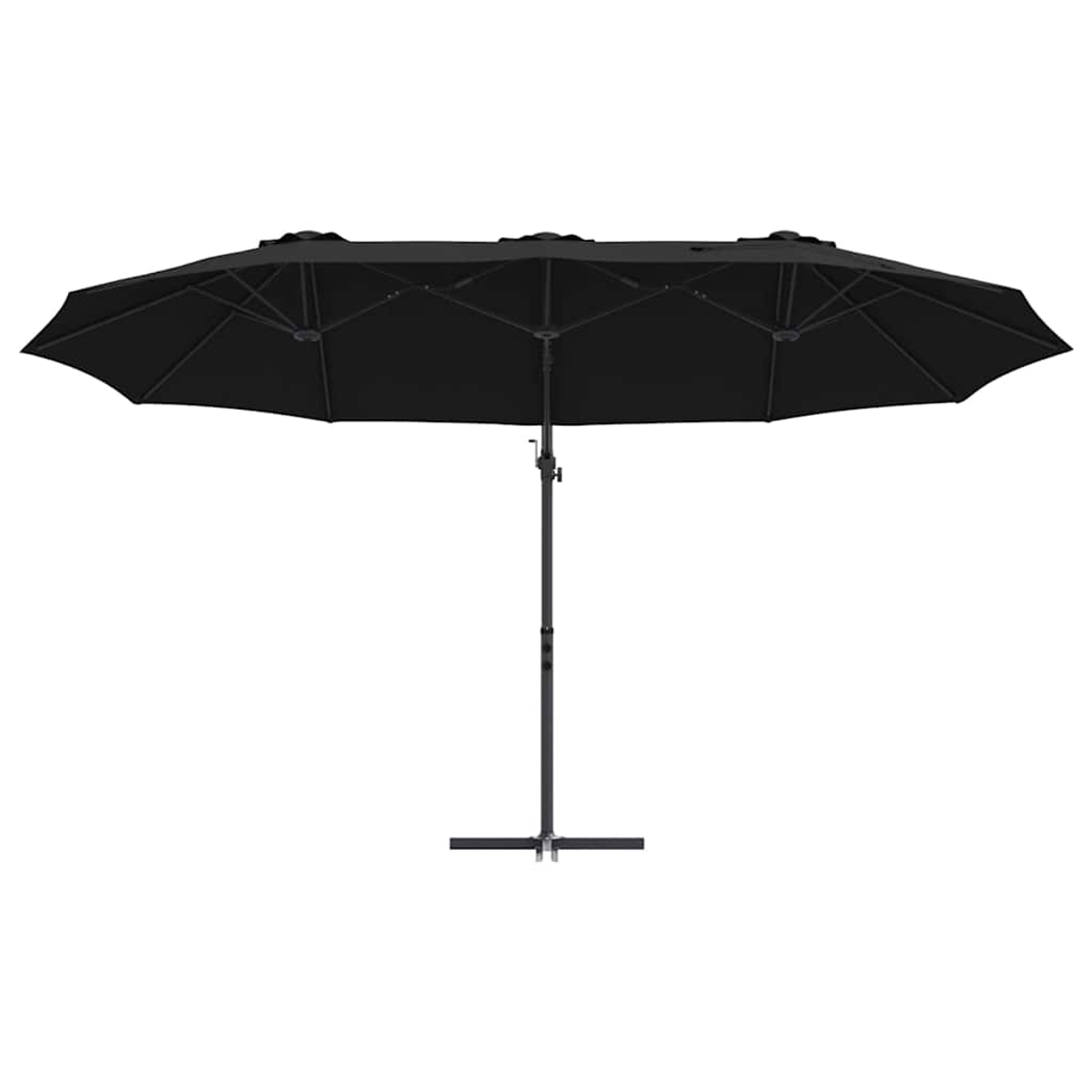 Un grande ombrellone da patio rettangolare nero è centrato su uno sfondo bianco. Ha un palo e una base neri.