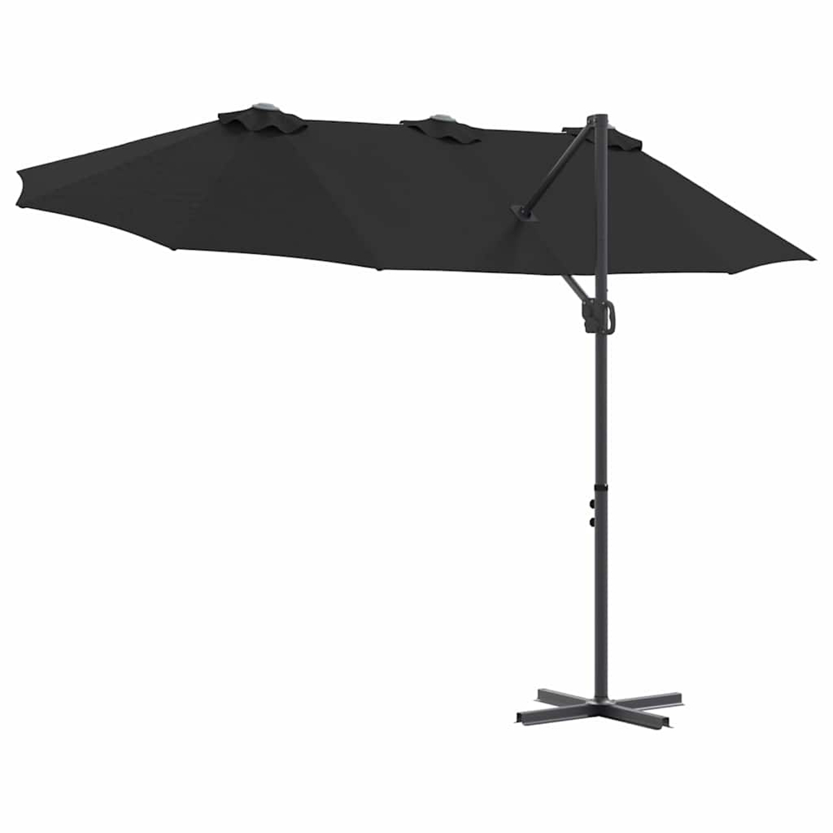 Un ombrellone da patio rettangolare nero è mostrato su sfondo bianco. Ha un telaio e una base in metallo.