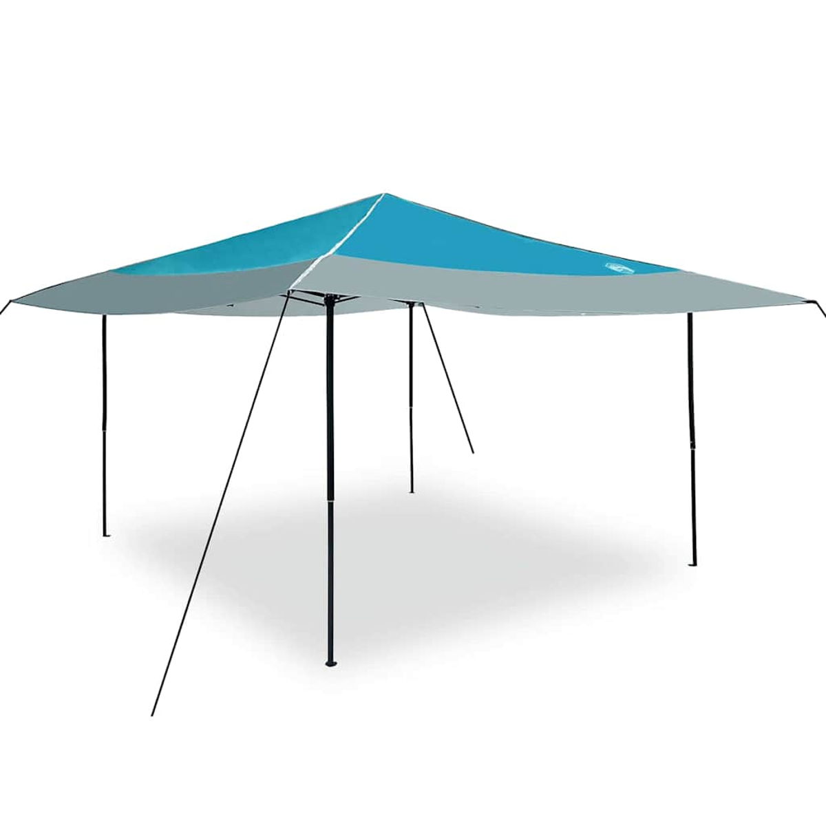 Un tendone turchese e grigio è sostenuto da pali neri. La tenda è triangolare con sfondo bianco.