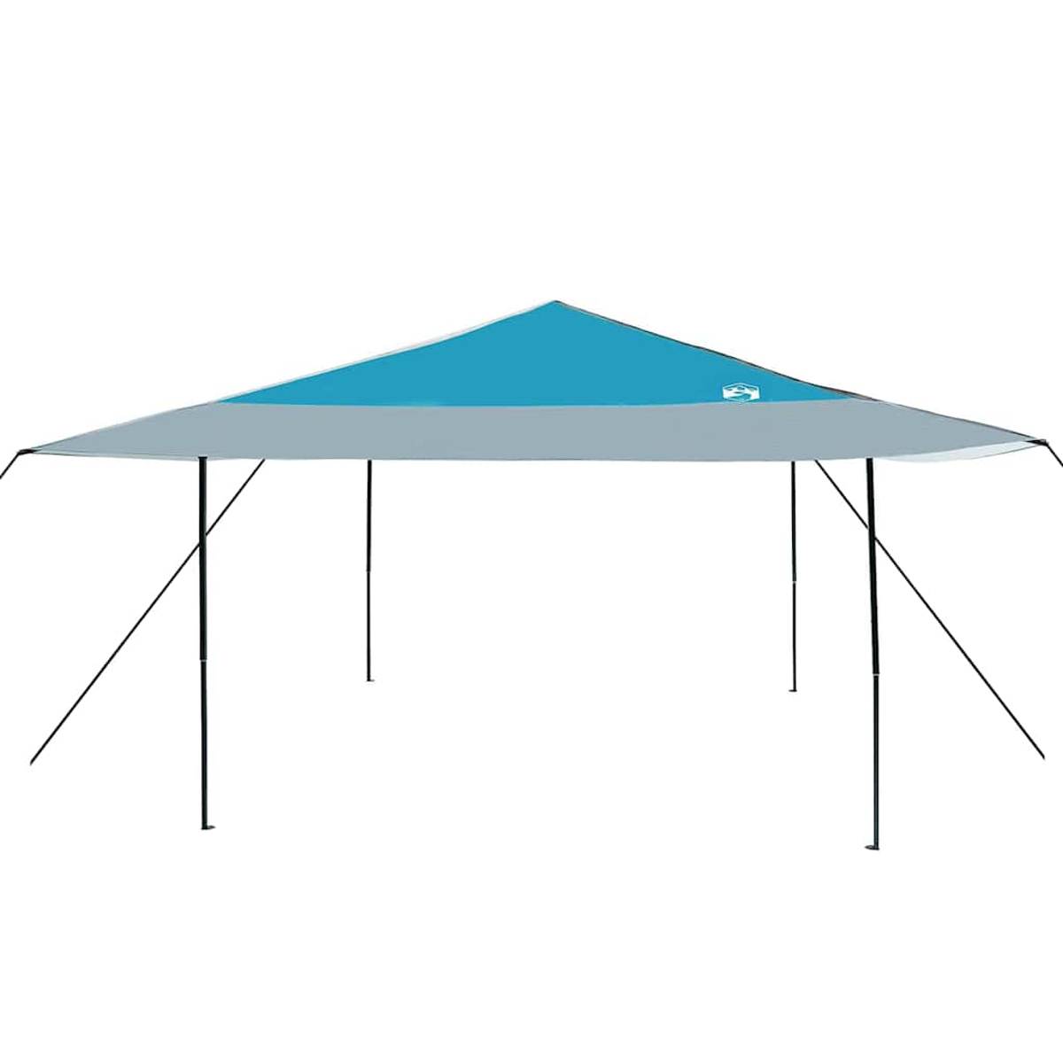 Un tendalino con tetto blu e grigio è sostenuto da pali neri. Lo sfondo è bianco.