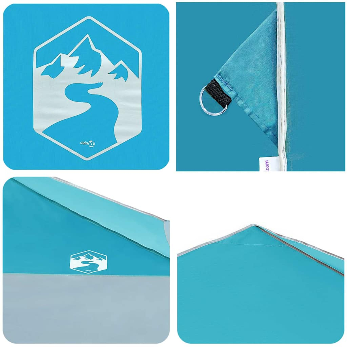 Quattro immagini mostrano materiale tenda blu con logo bianco. Dettagli includono anello metallico, cuciture e logo fiume e montagna.