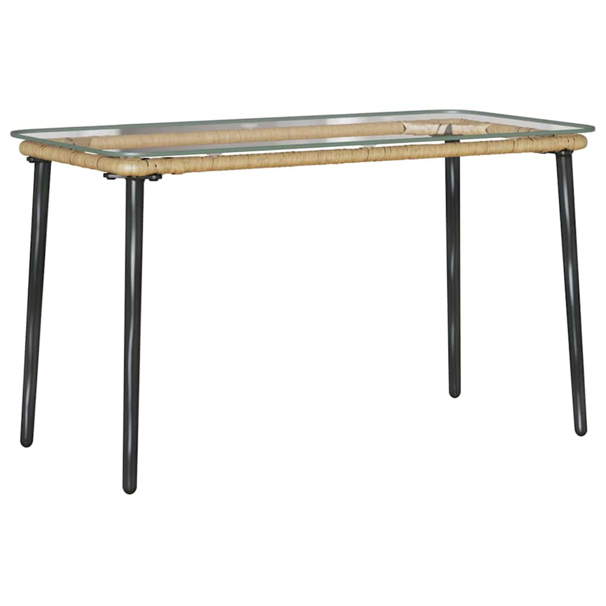 Rechteckiger Tisch mit Glasplatte, gewebten beigefarbenen Seiten und schwarzen Metallbeinen. Weißer Hintergrund.