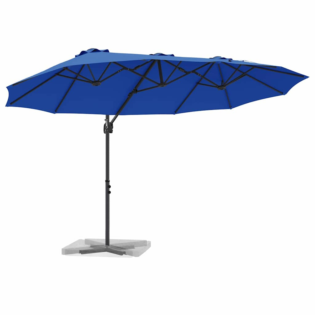 Un ombrellone da patio blu a doppia faccia su sfondo bianco. L'ombrellone ha palo e telaio scuri, base grigio chiaro.