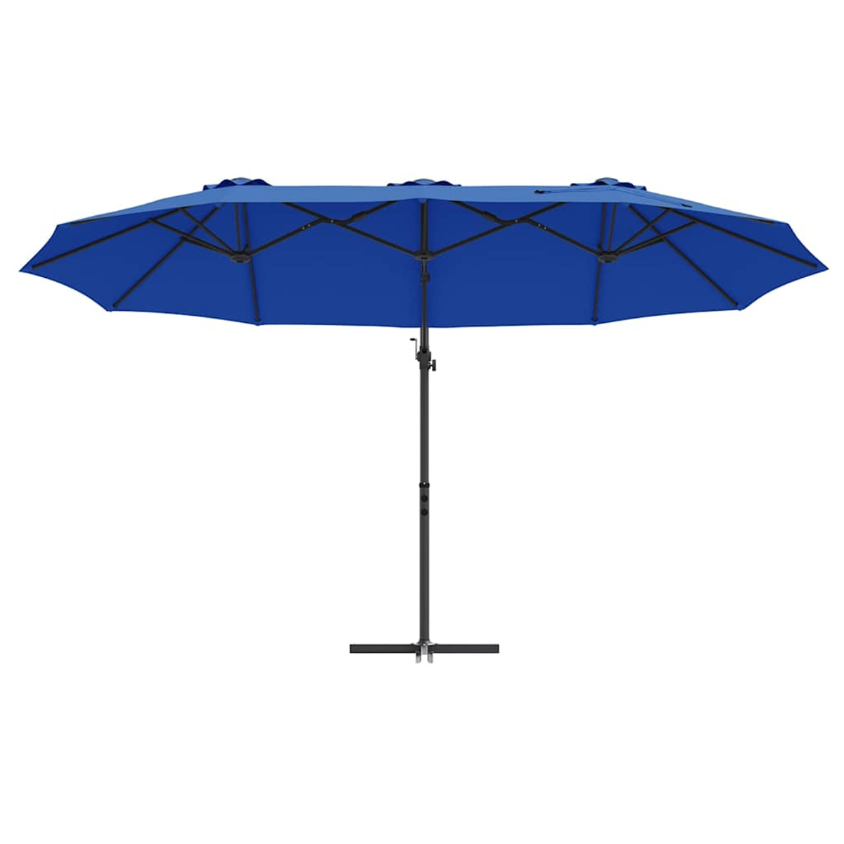 Un grande ombrellone blu a doppia faccia, sostenuto da un palo e una base neri, è visualizzato su sfondo bianco.