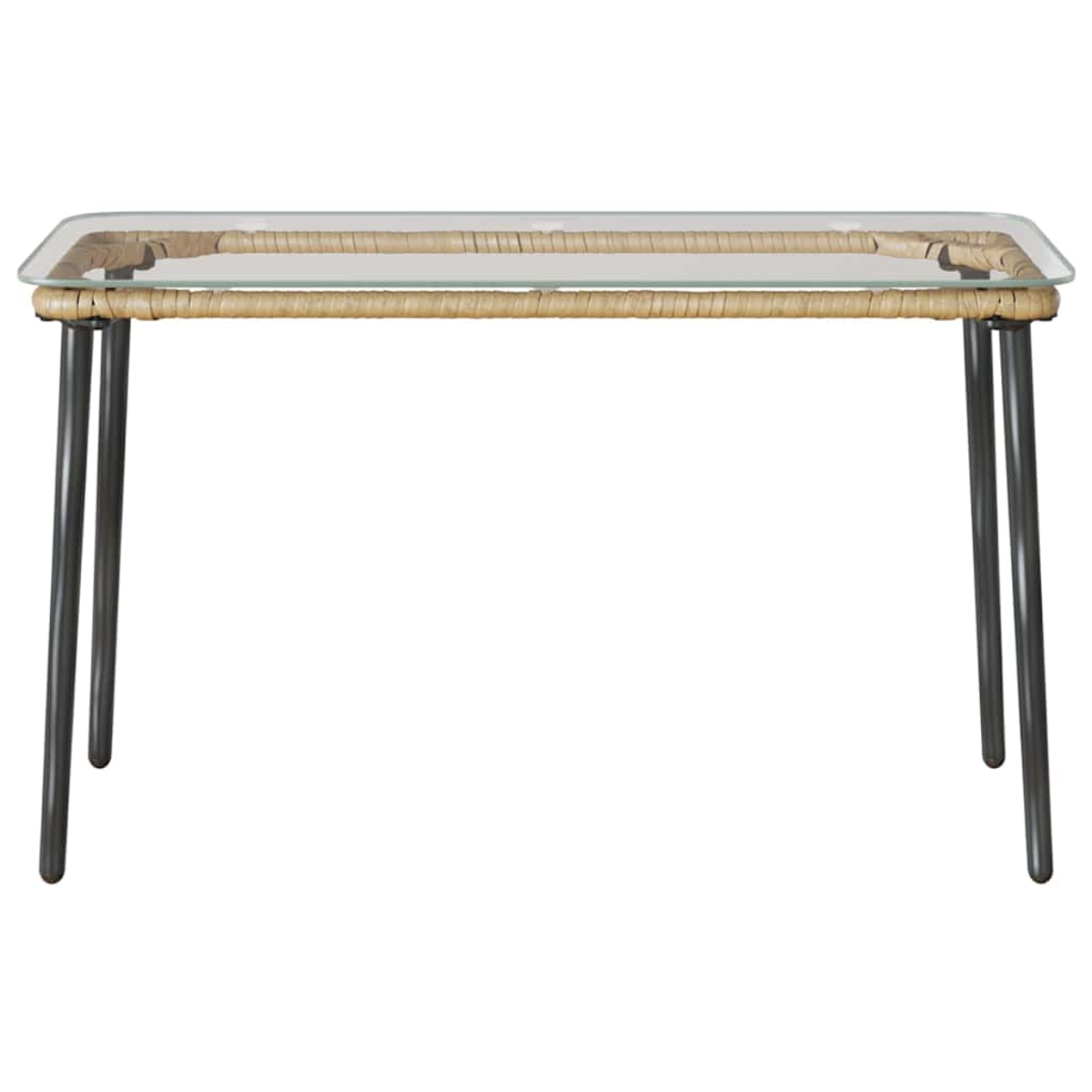 Una mesa rectangular con tapa de cristal, borde beige tejido y patas de metal negro sobre fondo blanco.