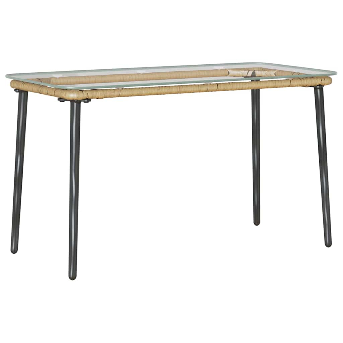 Una mesa rectangular con tapa de vidrio transparente, marco tejido marrón claro y patas grises oscuras.