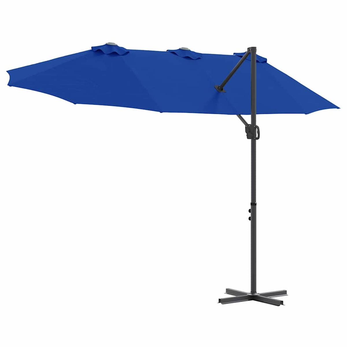 Un grande ombrellone rettangolare blu con un palo e una base grigio scuro su sfondo bianco.