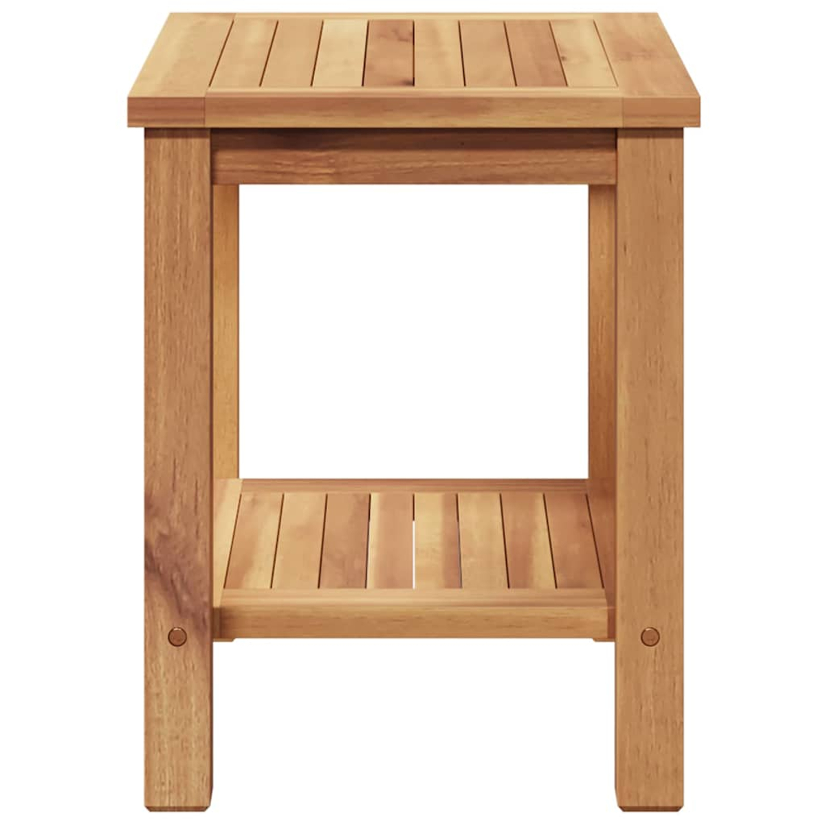 Mesa auxiliar de madera con estante. La mesa es de madera marrón claro, con tapa rectangular y un estante cerca de la base.