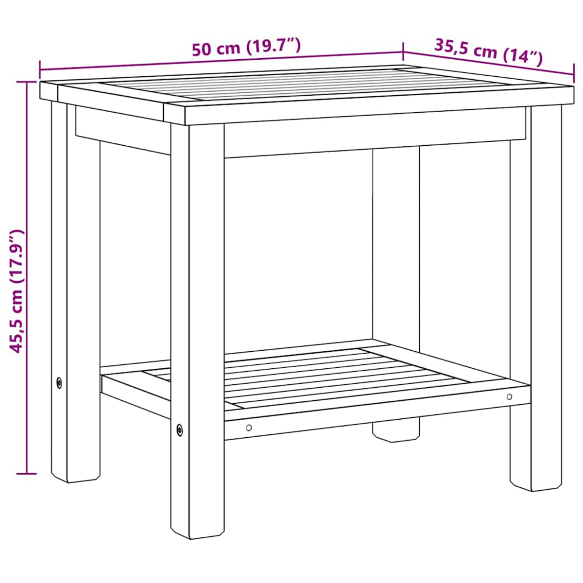 Un boceto de una mesa auxiliar de madera. Tiene una tapa de listones y un estante. Las dimensiones se muestran en cm y pulgadas.