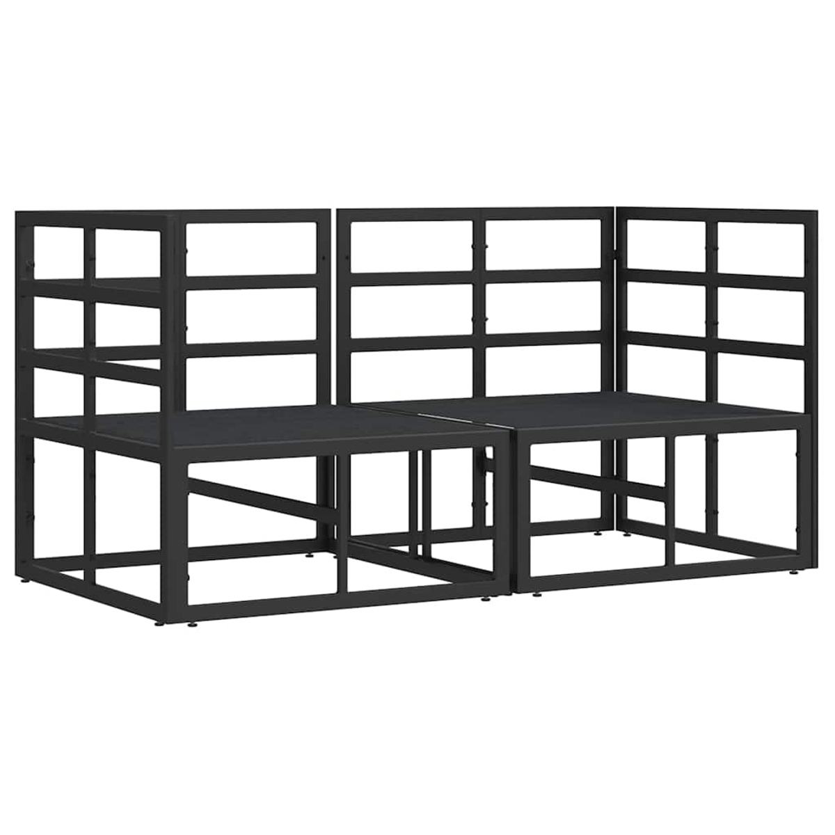 Schwarzes Metallrahmen-Möbelset. Es hat Regale und flache Oberflächen. Das Design ist geometrisch und modern.